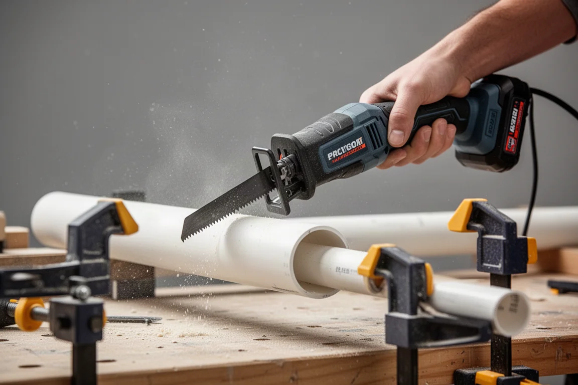 Compact one-handed reciprocating saw cutting PVC pipe on a workbench