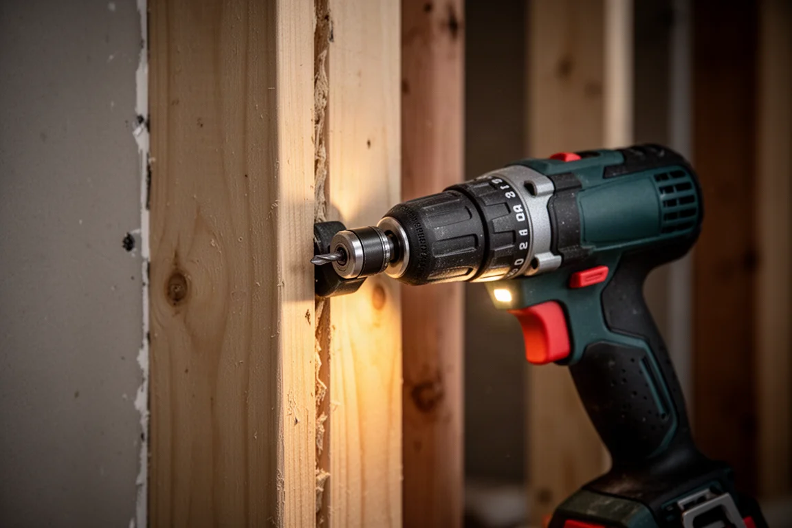 Right angle drill head driving a bit into a tight corner between studs