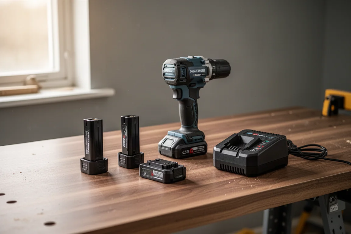 Cordless drill charging on a workshop bench beside battery packs