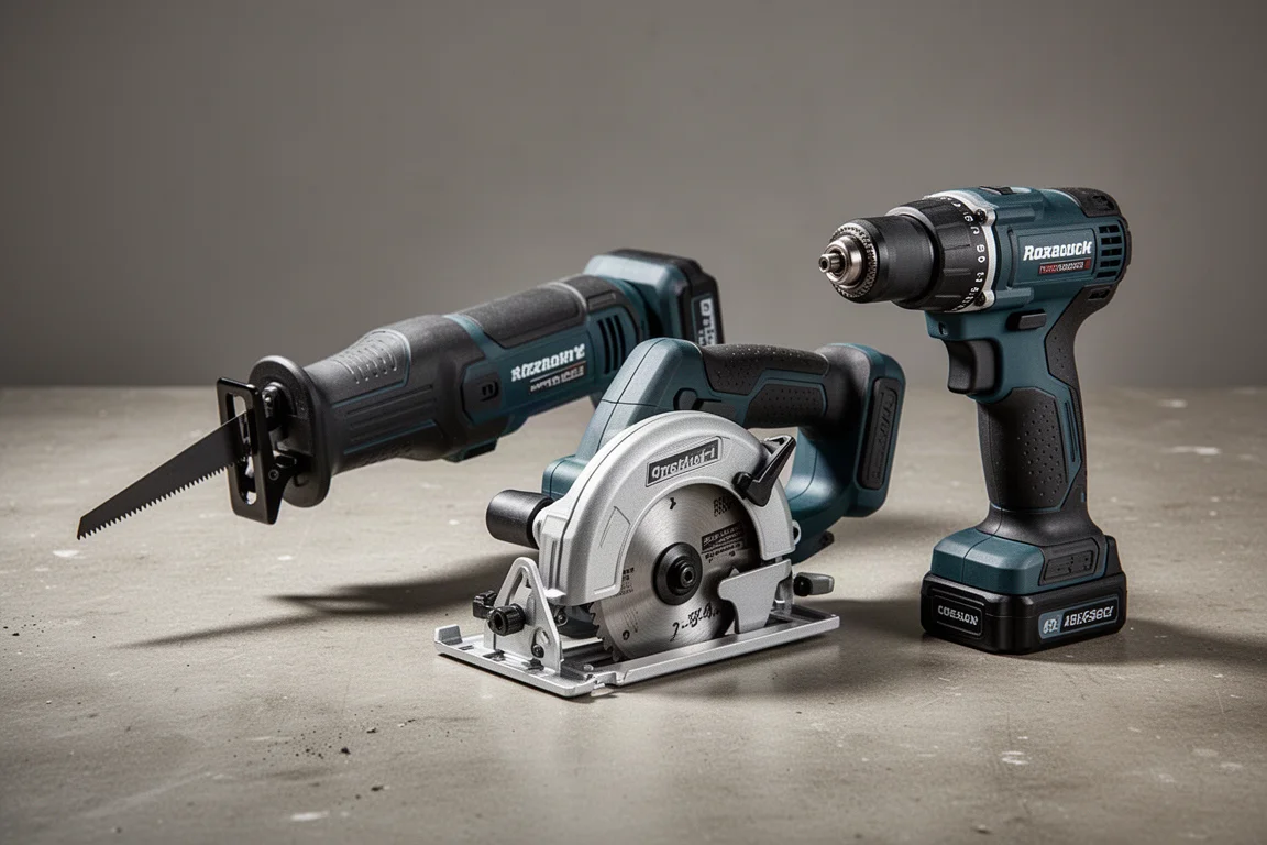 Three compact Ridgid SubCompact cordless power tools arranged on a concrete workshop surface