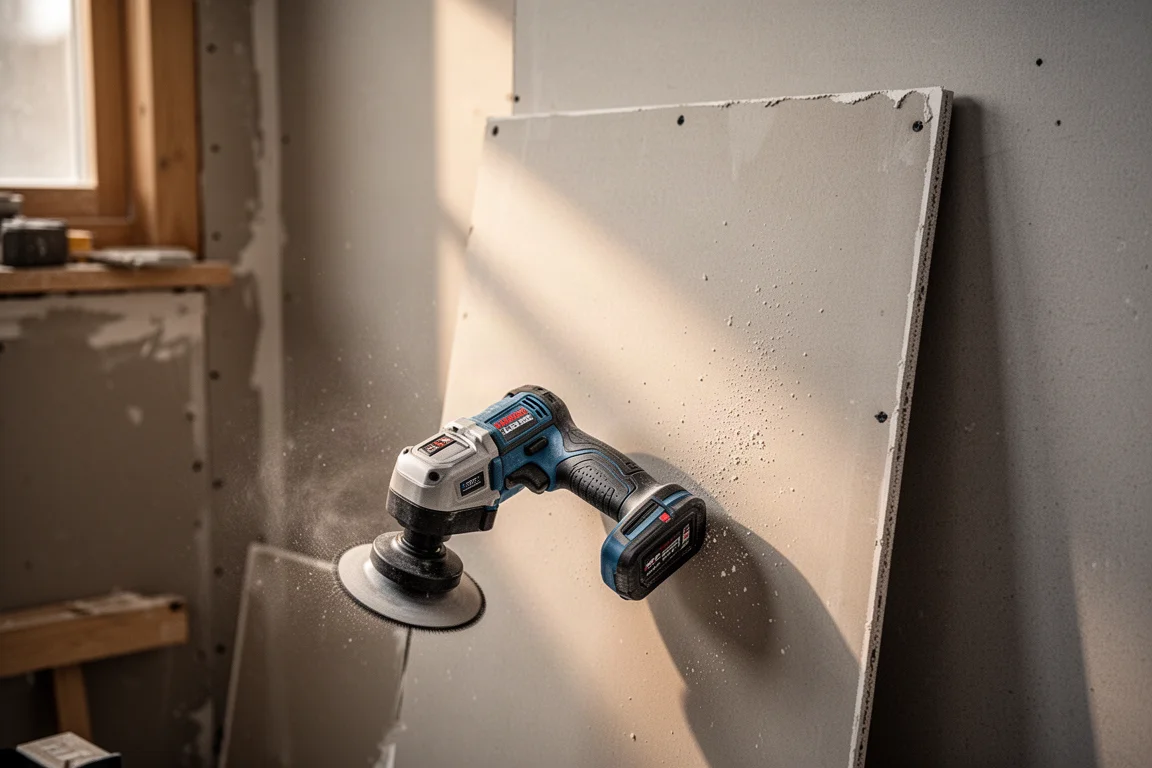 Herramienta rotativa de recorte inalámbrica apoyada sobre una plancha de drywall en un taller
