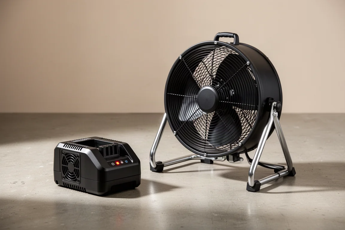 Ridgid Turbo Charger i bezszczotkowy wentylator hybrydowy na betonowej podłodze warsztatu