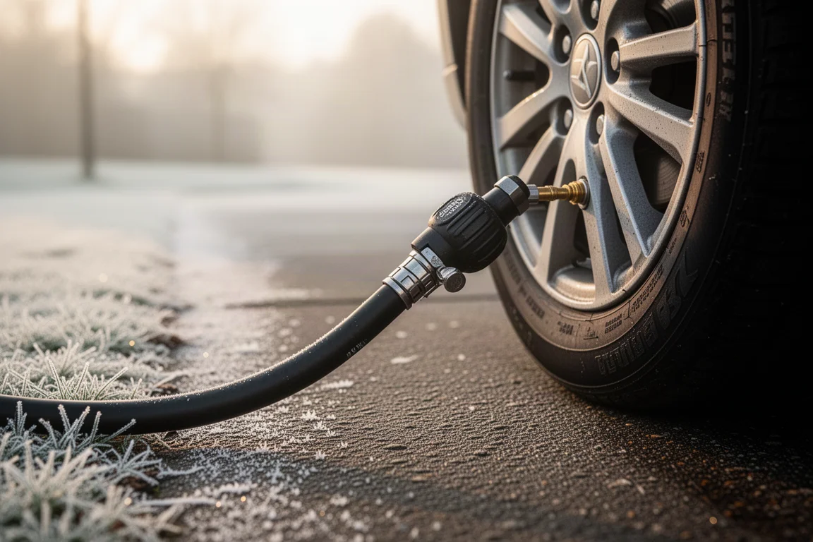Pneu de carro sendo conectado à mangueira de um inflador portátil em uma manhã fria