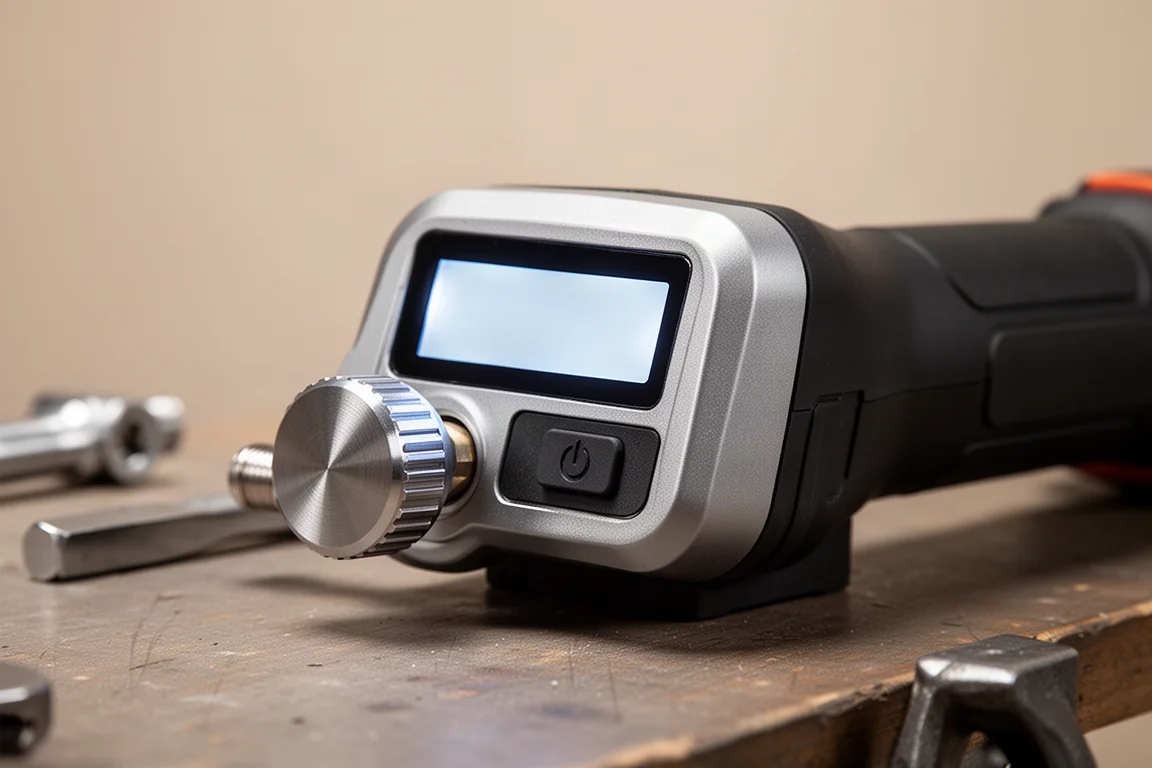 Visor digital de pressão e botão de controle em um inflador sem fio