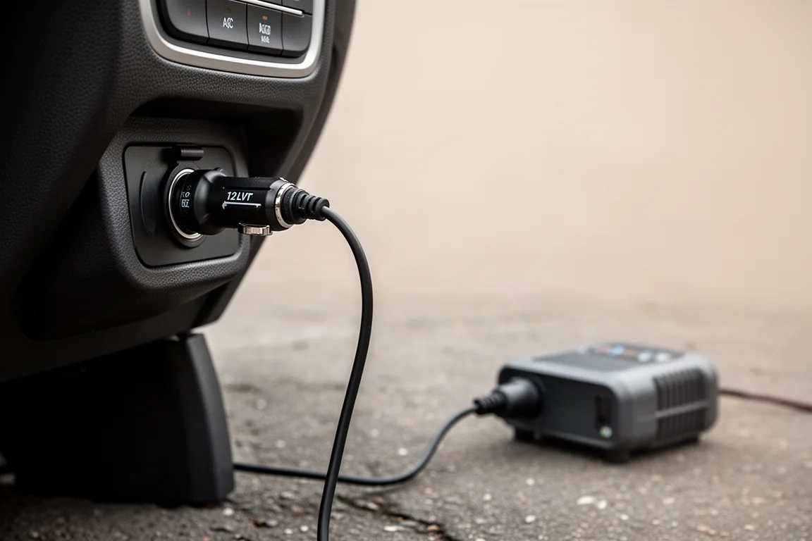 Inflador conectado à tomada de 12 volts do carro enquanto estacionado