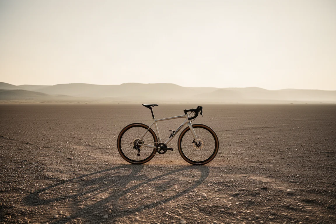 Bici da gravel race su una pianura ghiaiosa aperta all'ora d'oro con una foschia soffusa