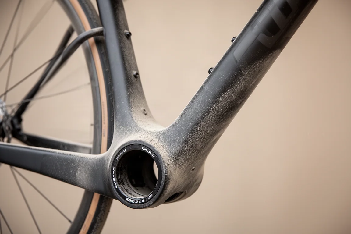 Dettaglio dal basso di un telaio gravel aerodinamico in carbonio coperto di polvere