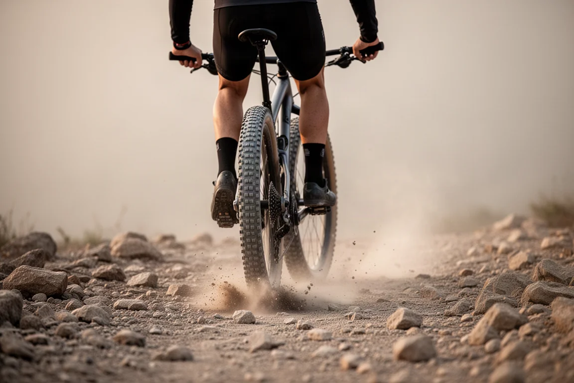 Ciclista gravel su un tracciato roccioso e sconnesso con polvere che si alza dietro la ruota posteriore
