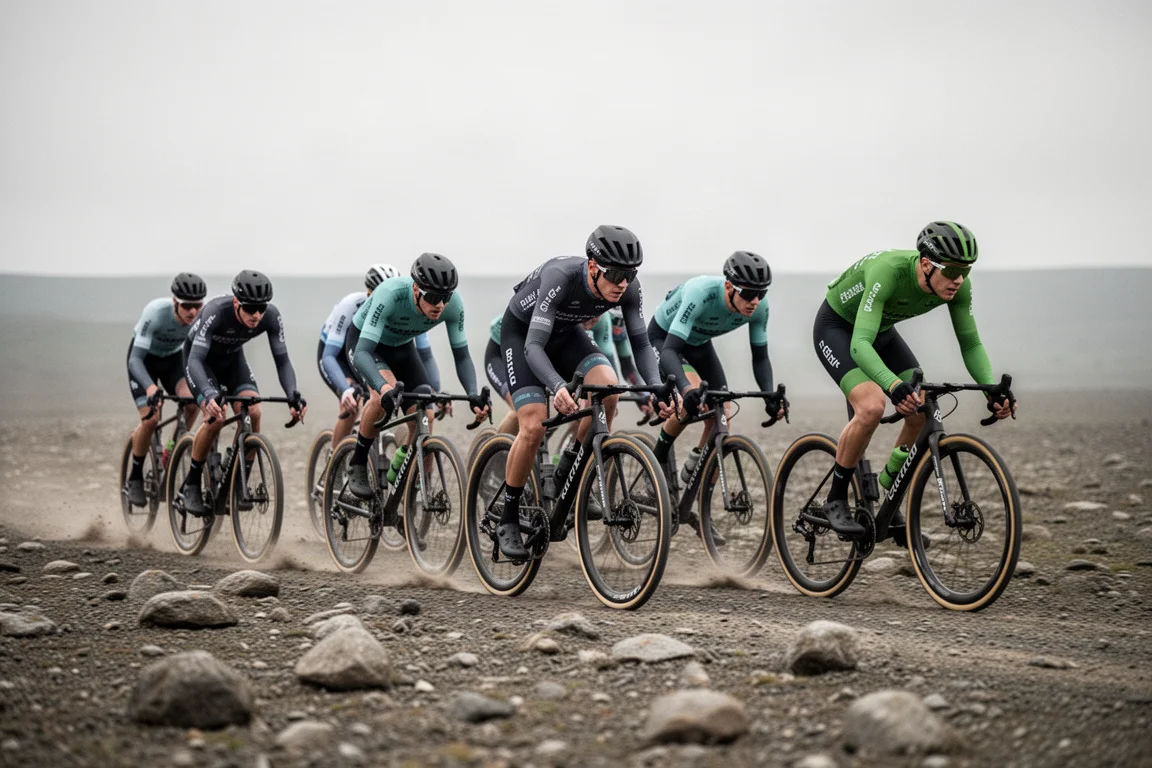 Gruppo di gravel rider che corre a tutta velocità su una pianura aperta