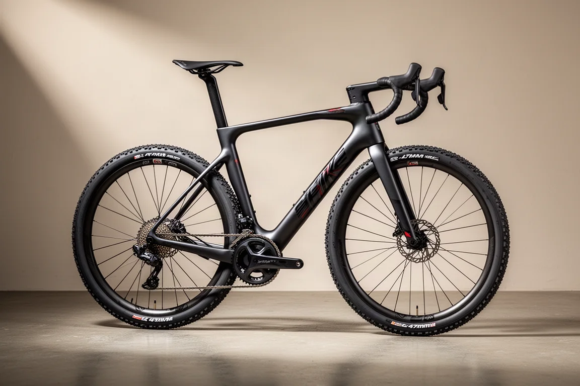 Carbon gravelracefiets in zijaanzicht met aero framebuizen en brede noppenbanden