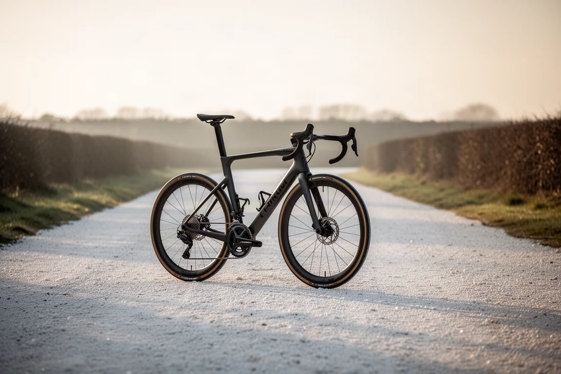 Vélo gravel aéro en carbone posé sur une piste de graviers crayeux dans une lumière matinale basse
