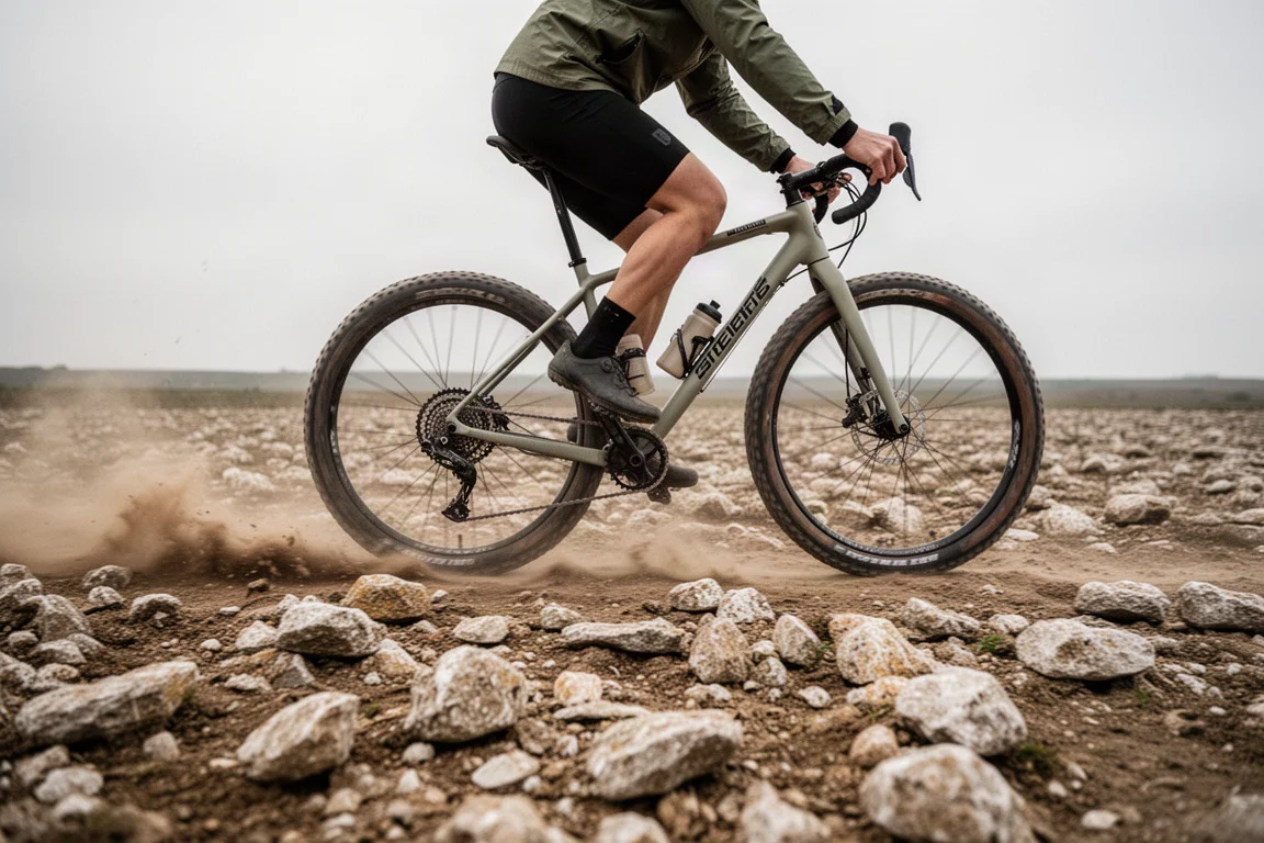 Cycliste gravel traversant un sol rocheux exposé sur des pneus larges à vive allure