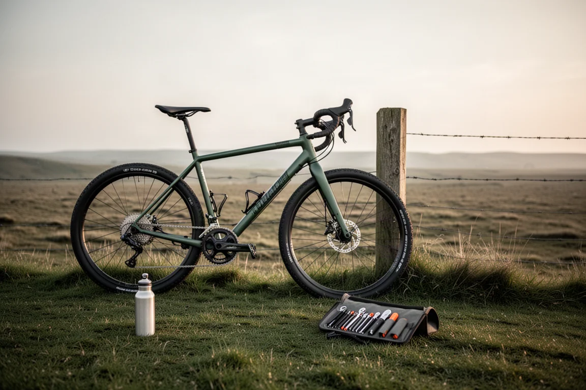 Vélo gravel garé sur une plaine ouverte balayée par le vent avec outils et bidons disposés autour