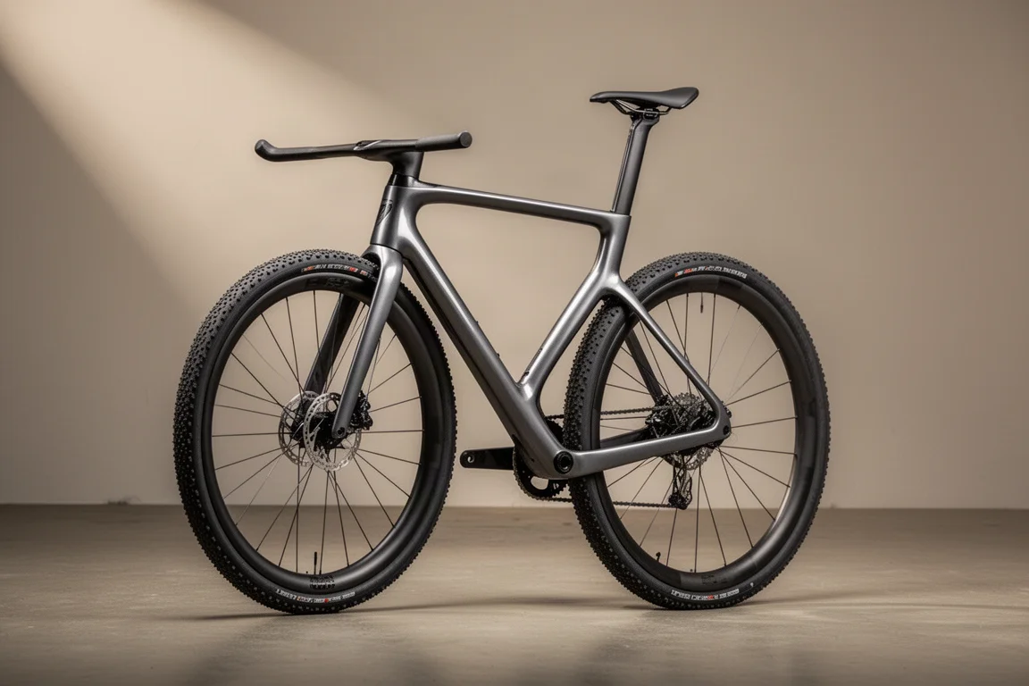 Vélo de course gravel aéro en carbone avec pneus larges et cockpit monobloc sur une surface en béton