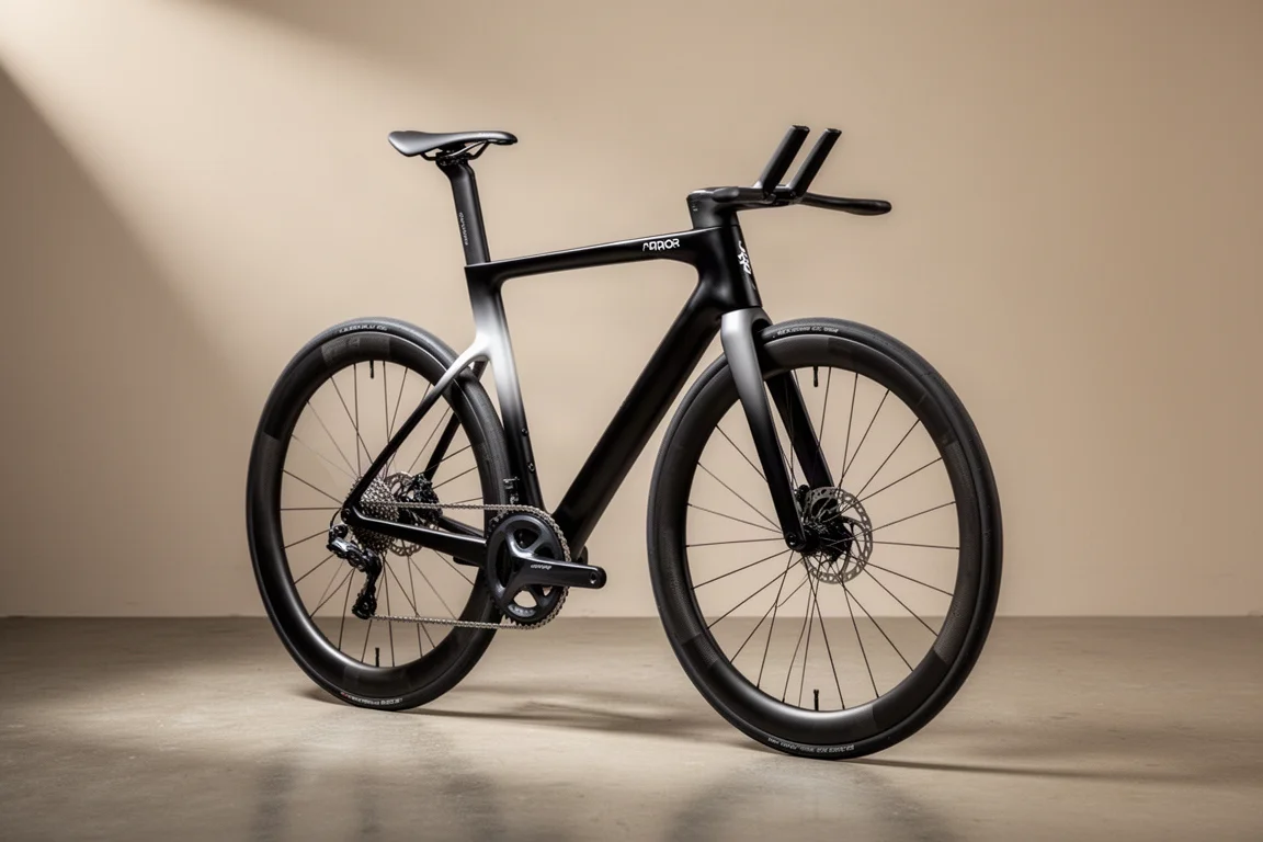 Vélo de course aéro aux profils de tubes profonds photographié sur une surface en béton