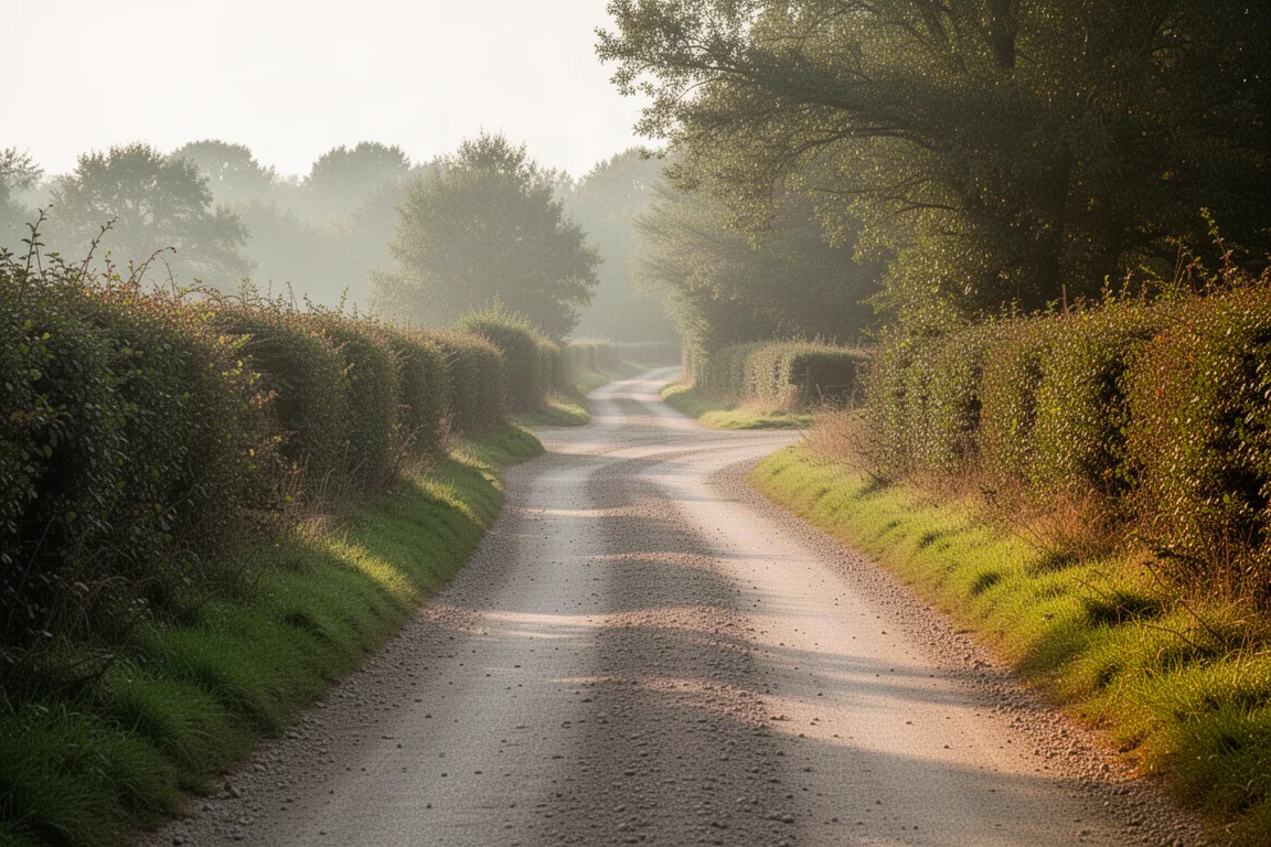 Quiet country lane with a dry gravel track branching into woodland in soft light