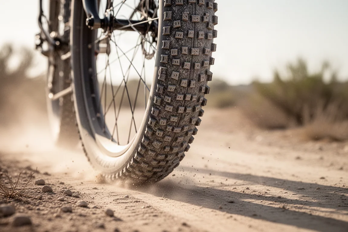 Close-up of a wide gravel tyre rolling over a dry dusty track