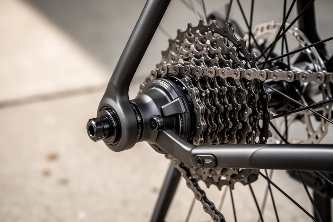 Rear hub and cassette detail on a bicycle with the chain running through