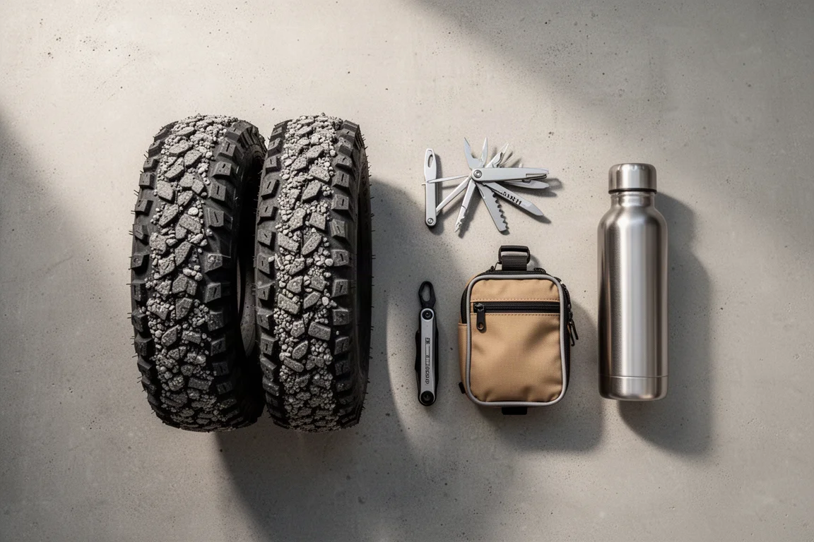 Overhead flat-lay of gravel tyres, tools and a frame bag on concrete