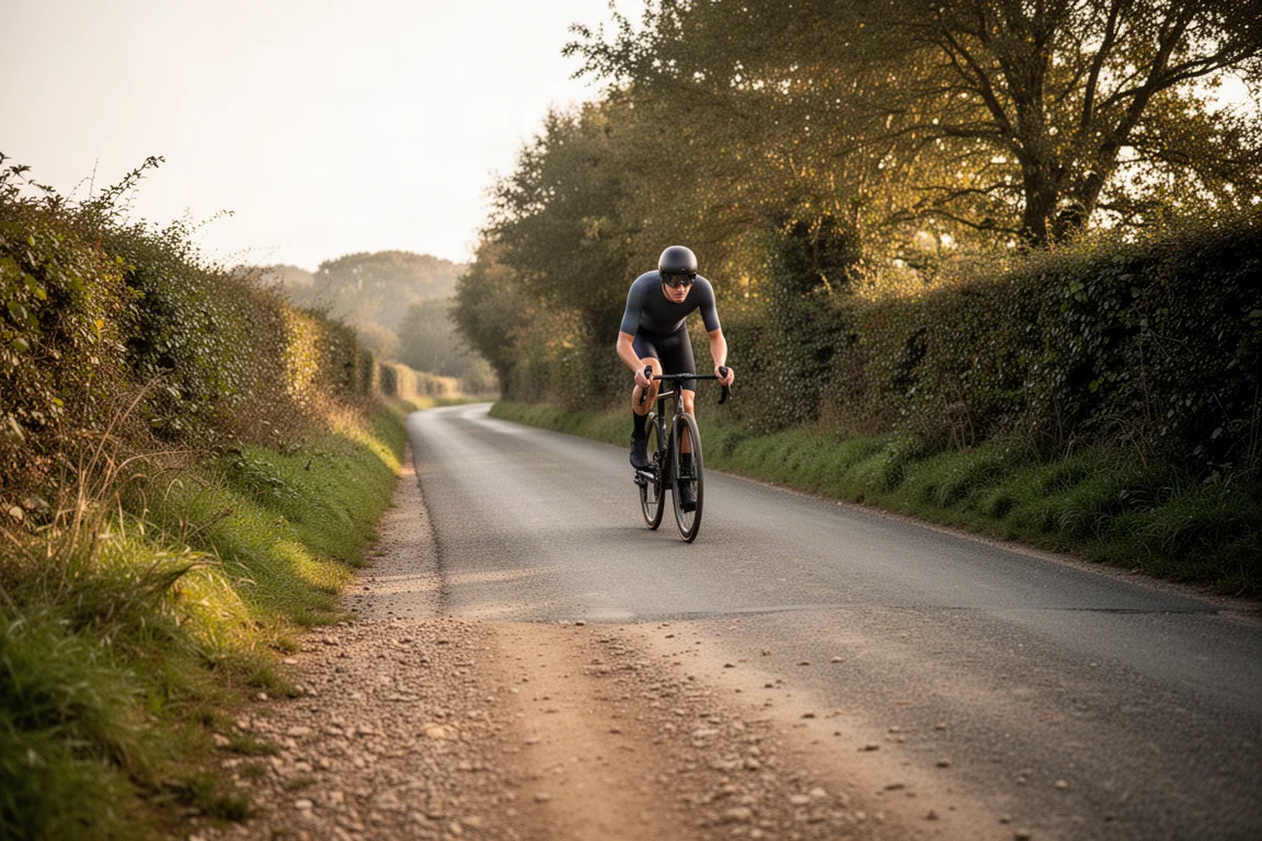 Cyclist riding a country lane with dry gravel shoulder and afternoon light through trees