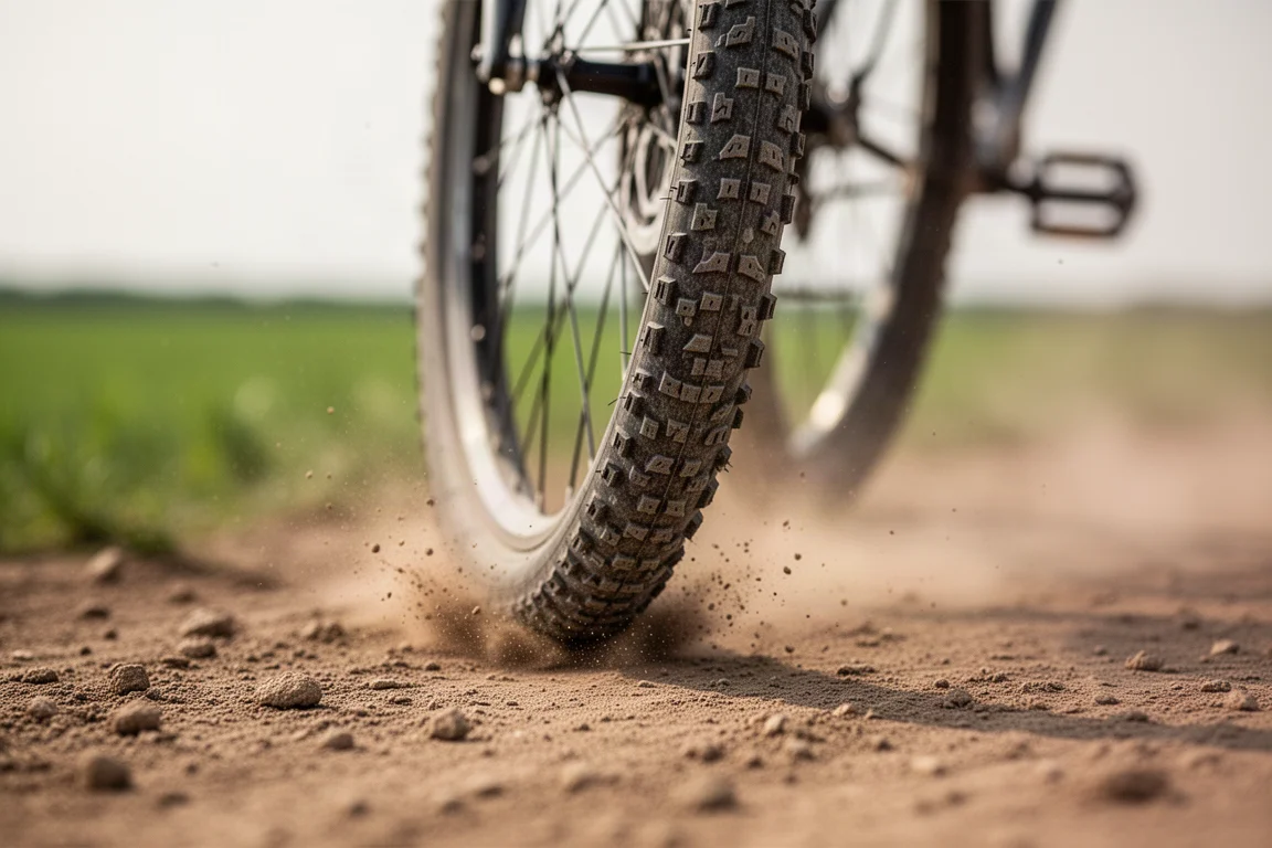 Low-angle view of a bicycle tire rolling over dry hard-packed dirt with dust in the air