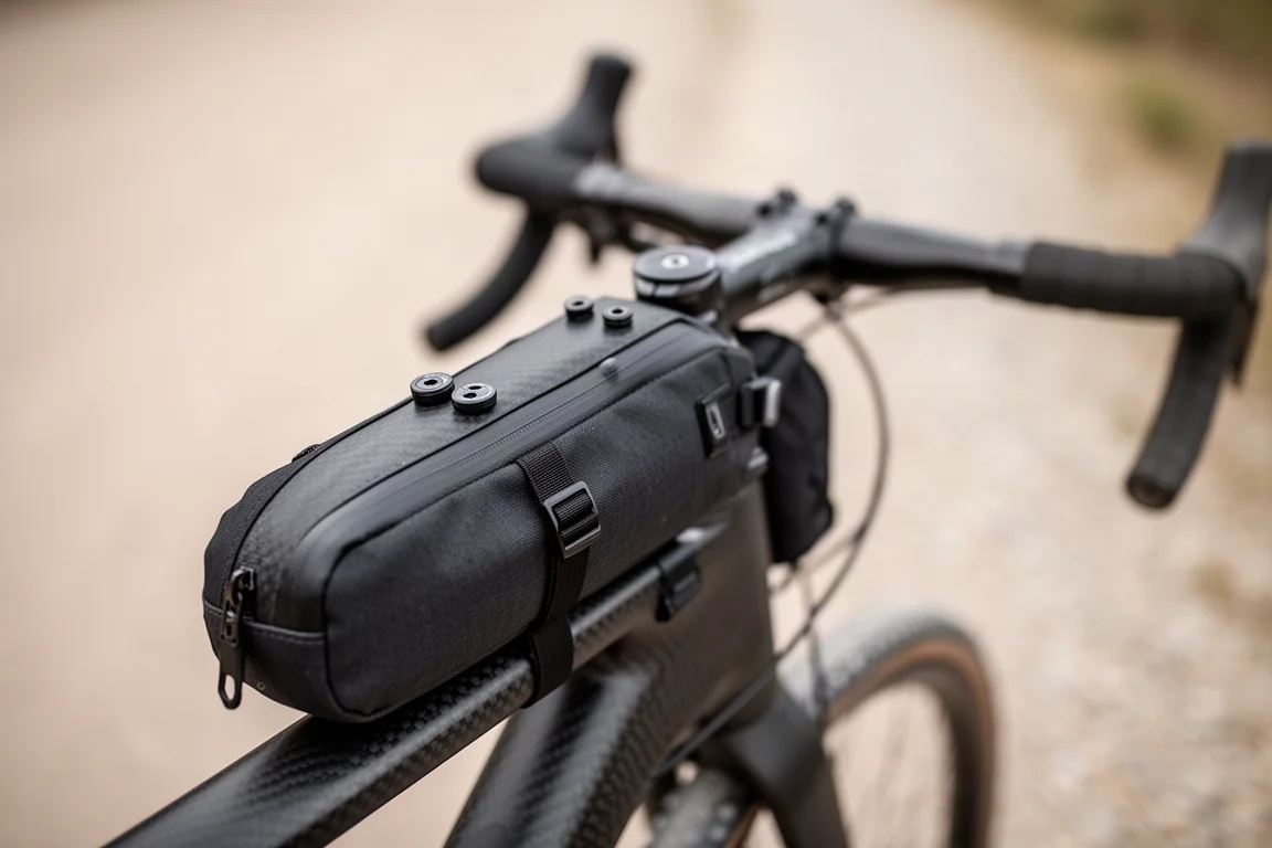 Close-up of bicycle top tube mounting bolts with a small frame bag attached