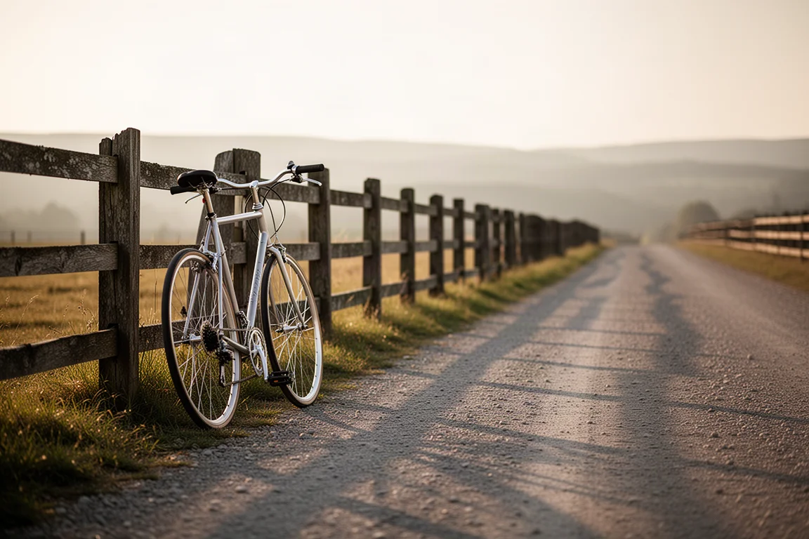 Bicycle leaning against a wooden fence beside a quiet gravel road at golden hour