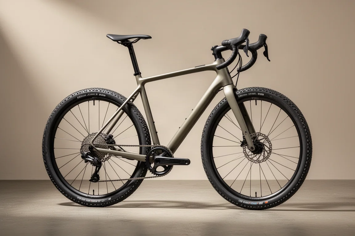 Lichtgewicht allroad-fiets in profiel op een matte betonnen ondergrond met gravelbanden