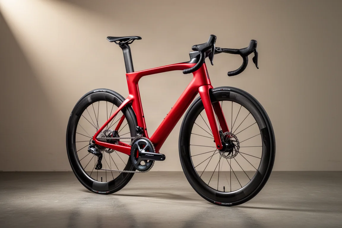 Gloss red Ridley Noah 3.0 aero road bike on a matte concrete surface