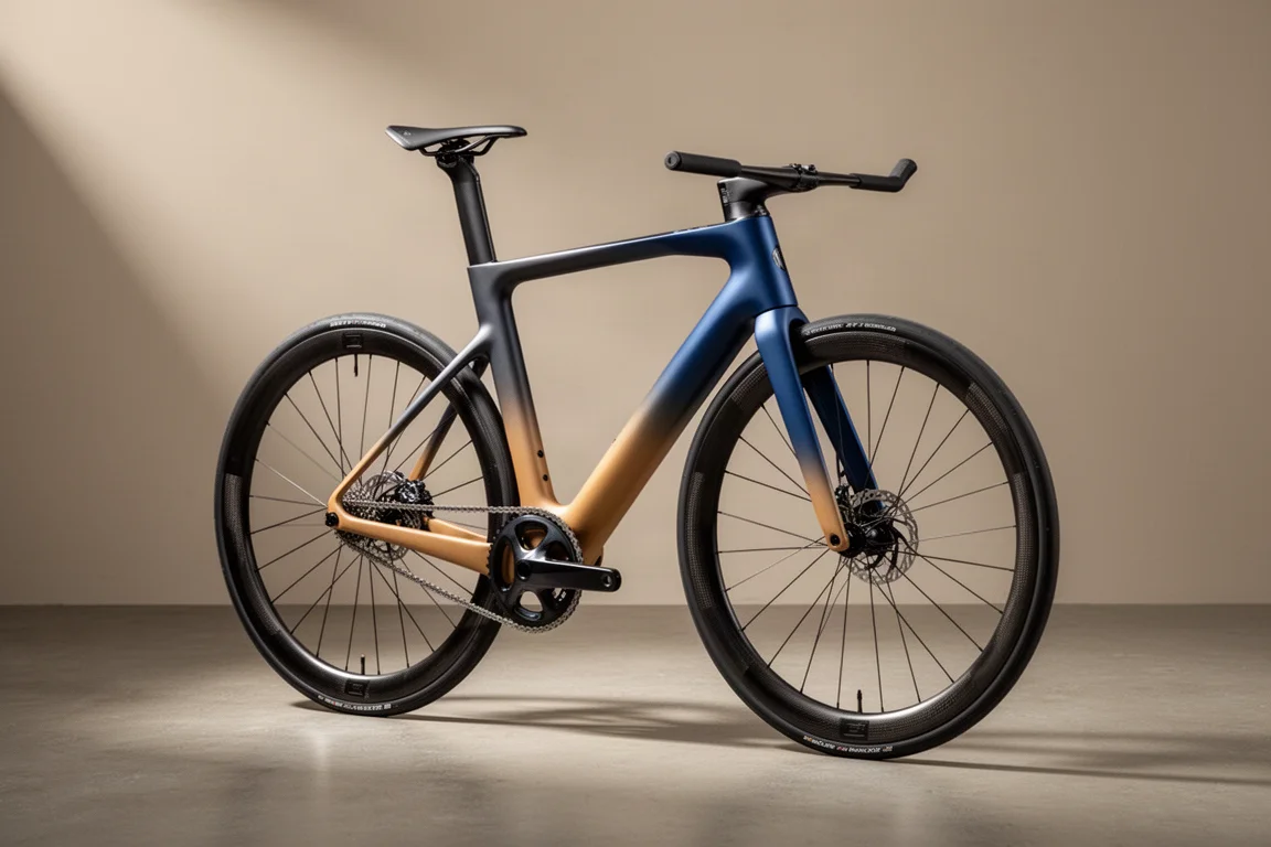 Vélo de route aéro à roues à jante haute photographié de profil sur une surface en béton