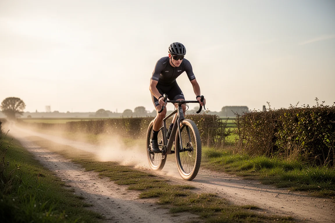 Gravel cyclist riding a wide-tire bike along a dusty Belgian farm track