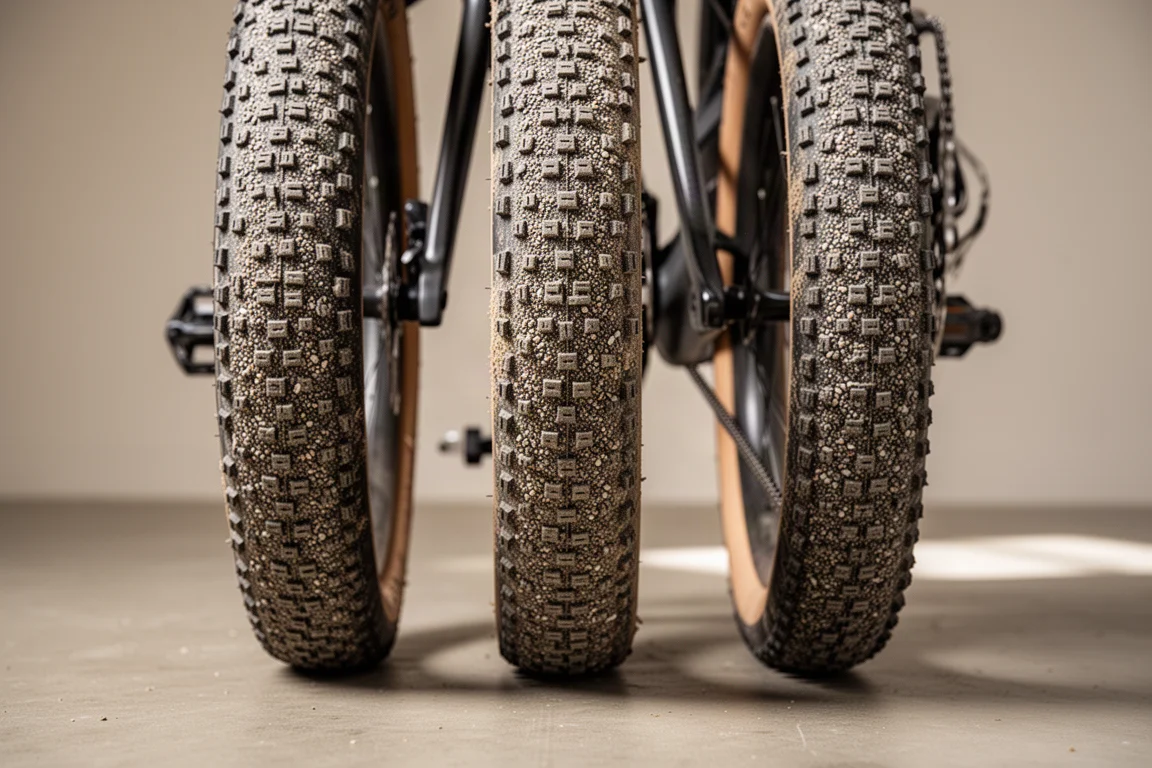 Close-up of wide gravel tires on a carbon frame with generous clearance