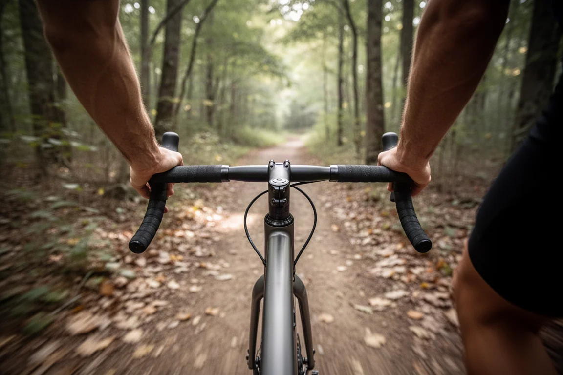 Gravel bike cockpit with narrow flared handlebar on a woodland trail