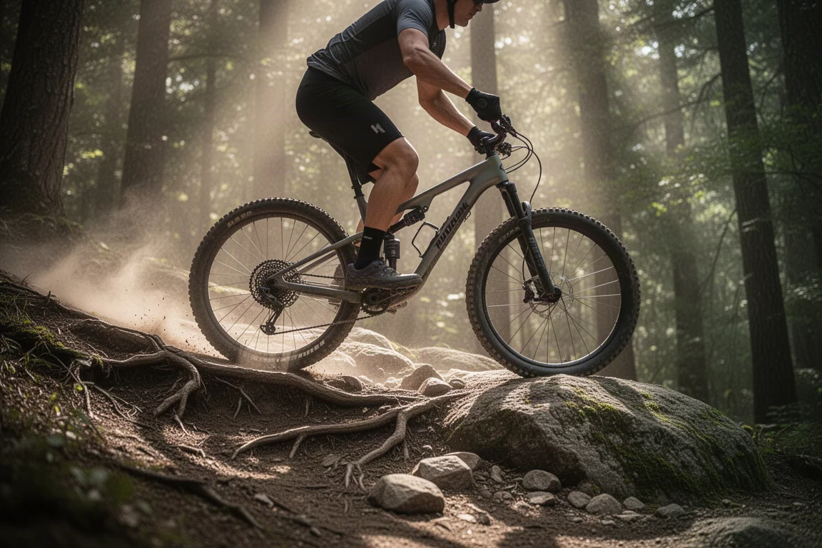 Gravel rider climbing a steep rocky rise on a wooded trail