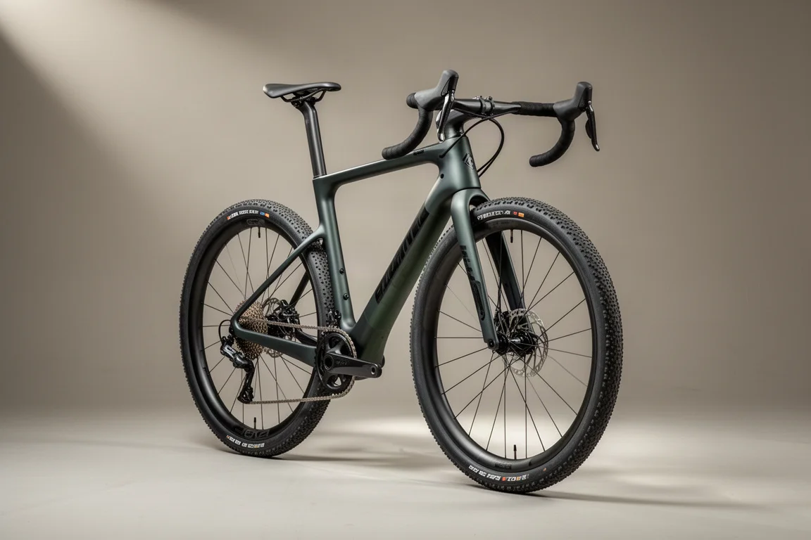 Vélo de course gravel aérodynamique avec pneus larges et cockpit évasé sur fond gris