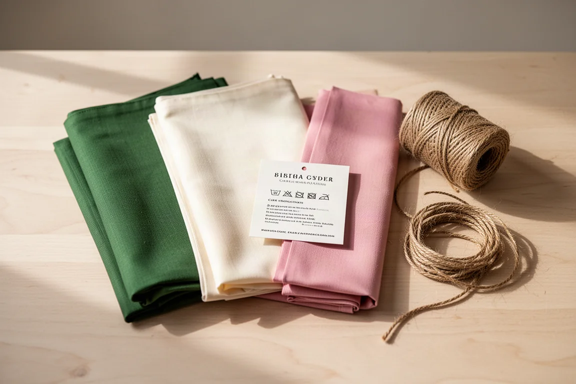 Unboxing a fabric order with folded fabric and a small card on a table