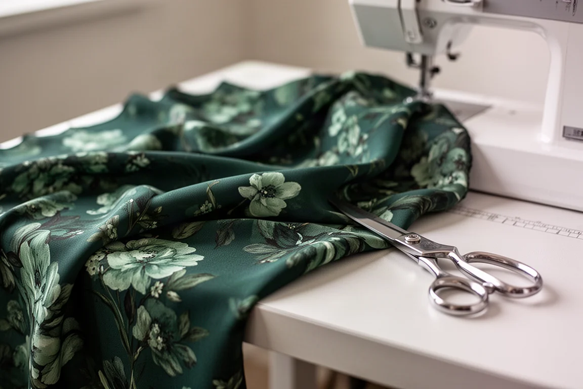 Close-up of a floral rayon fabric showing its drape and matte finish