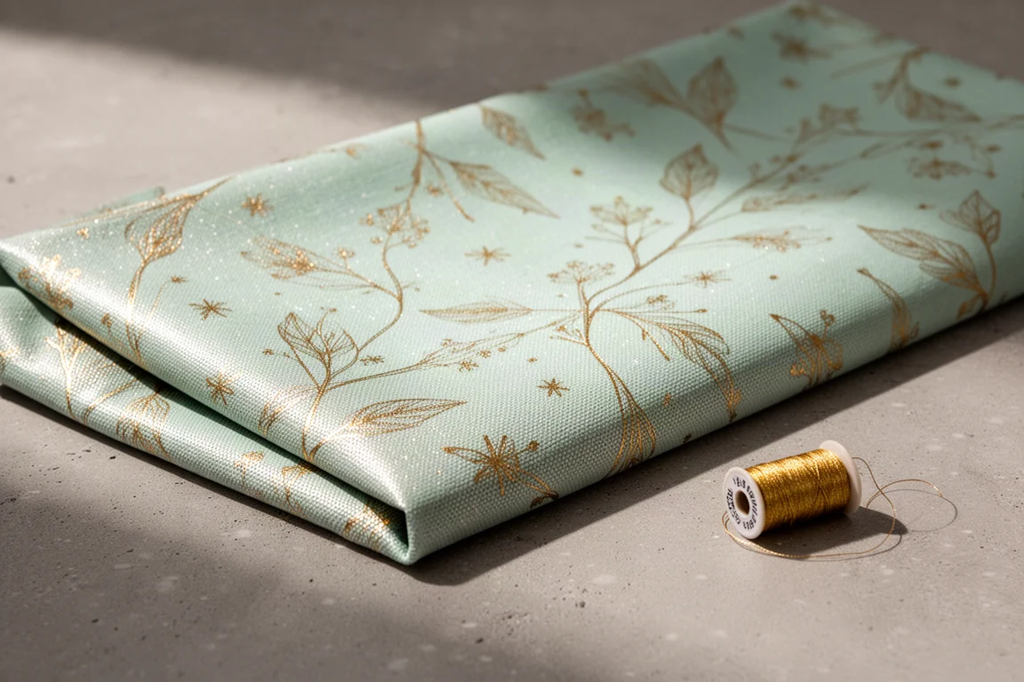 Metallic canvas fabric with a gold print on a mint background