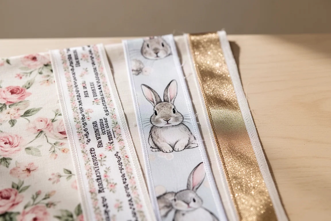 Colorful fabric selvages with printed labels and patterns