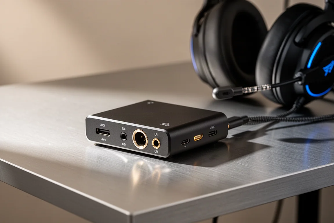 USB-C DAC 連同多個連接埠,放置在桌上,旁邊是電競耳機