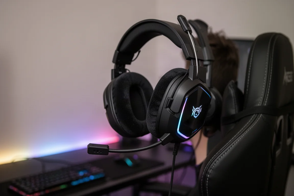 玩家在燈光昏暗、有 RGB 燈效的房間裡戴著無線耳機