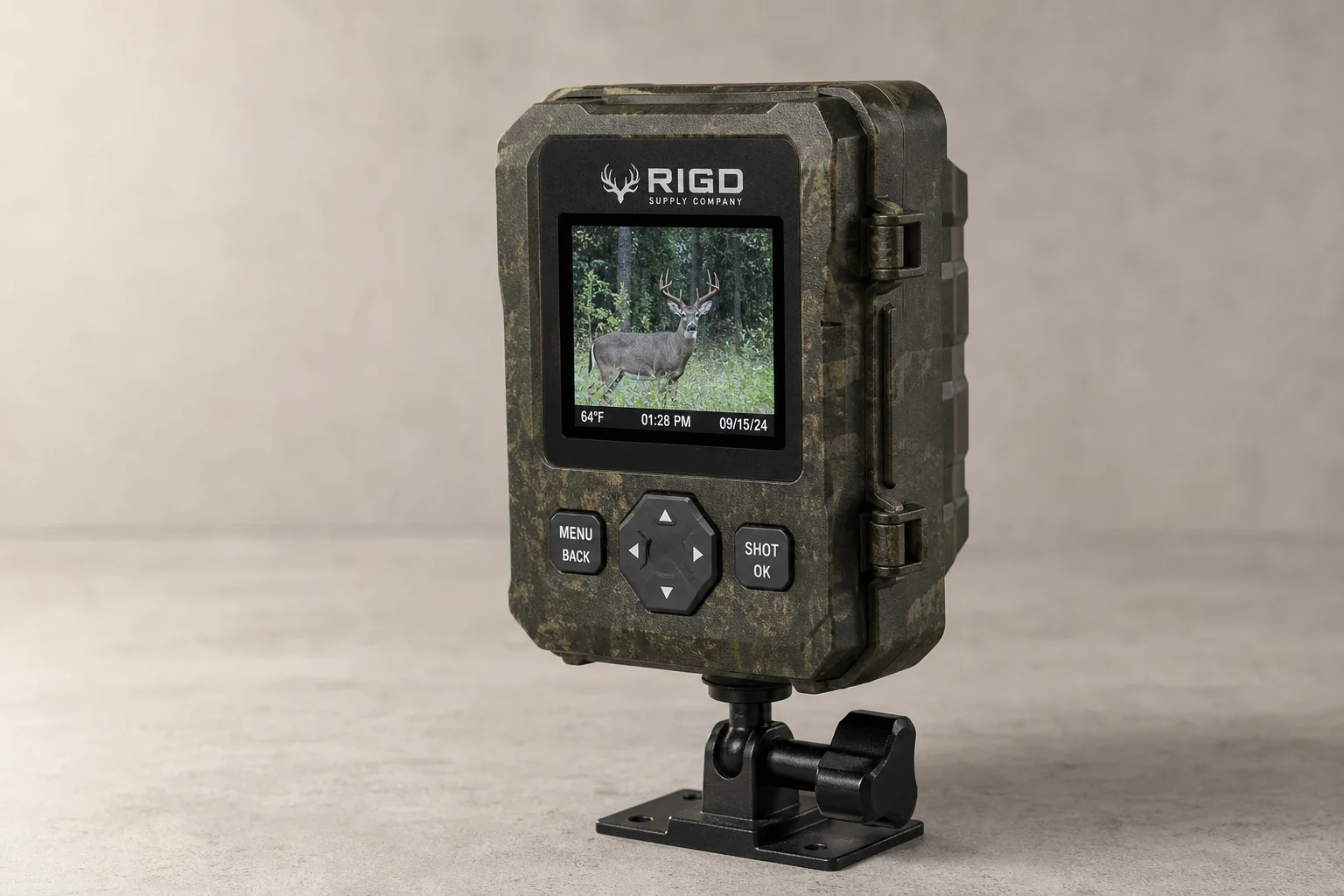 Five trail cameras in various designs arranged on concrete surface