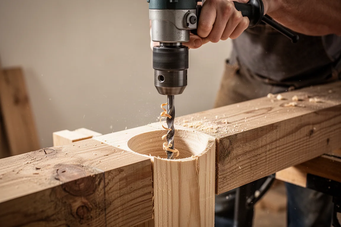 Zimmermann bohrt mit einer Winkelbohrmaschine ein großes sauberes Loch durch eine Holzbalkenkonstruktion