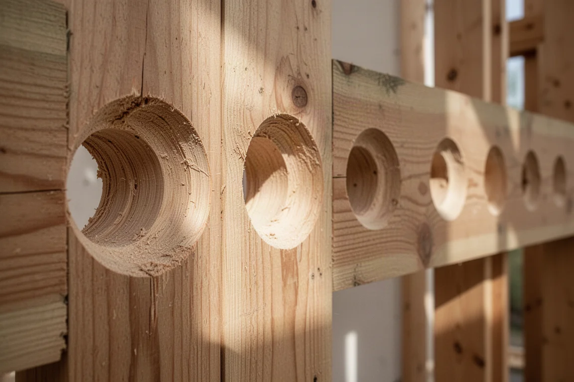Frisch gebohrte große Löcher in Holzbalken innerhalb eines Gebäudestellers