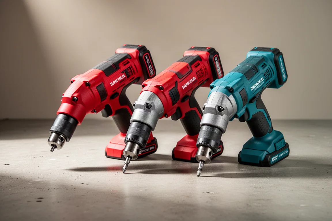 Three right angle drill heads lined up on a concrete workshop surface
