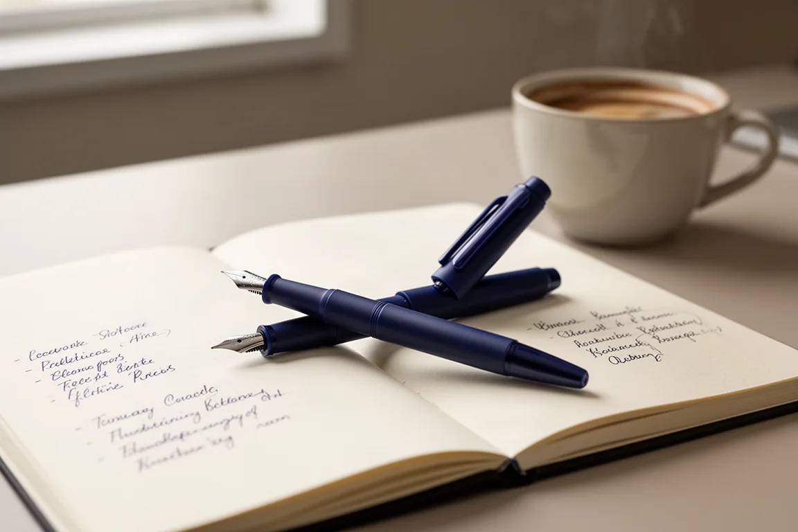 Estilográfica apoyada junto a un cuaderno durante una toma rápida de notas en un escritorio