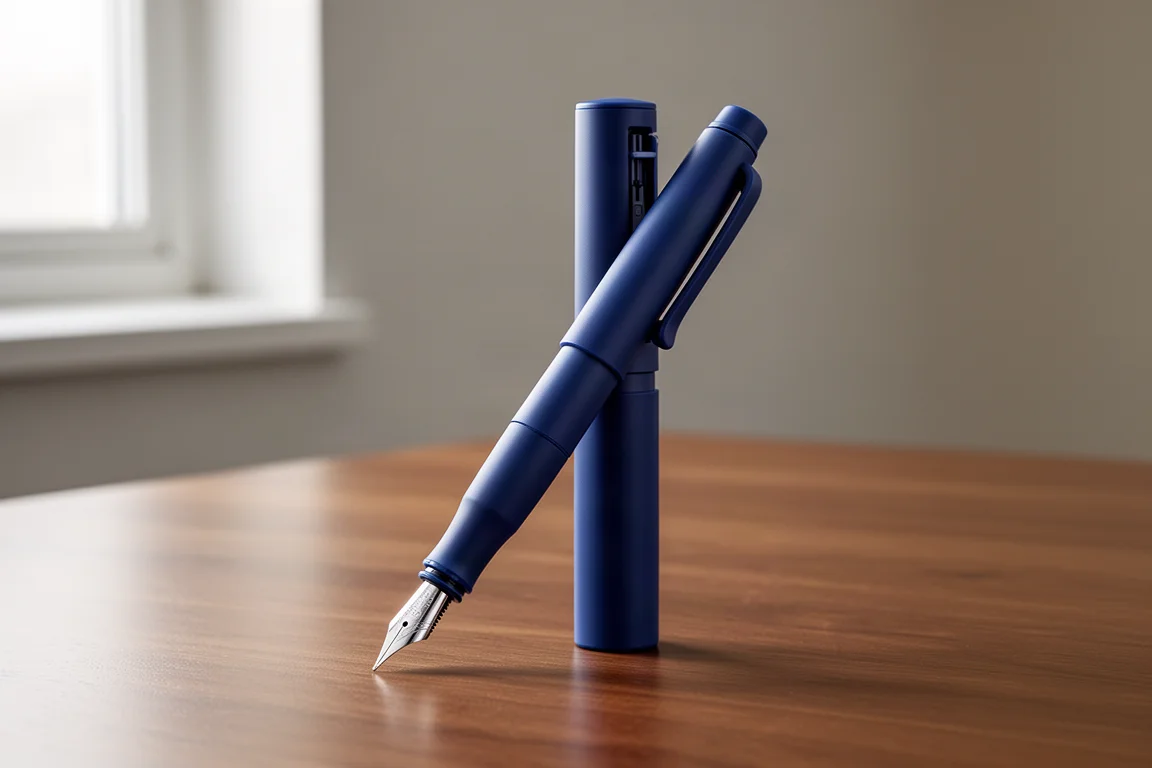 Penna stilografica retrattile blu scuro con pennino estratto e sportello laterale aperto su una scrivania in legno