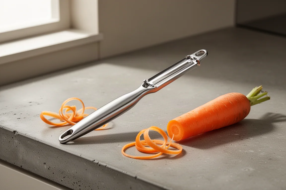 Stainless steel vegetable peeler on a concrete counter with carrot peels