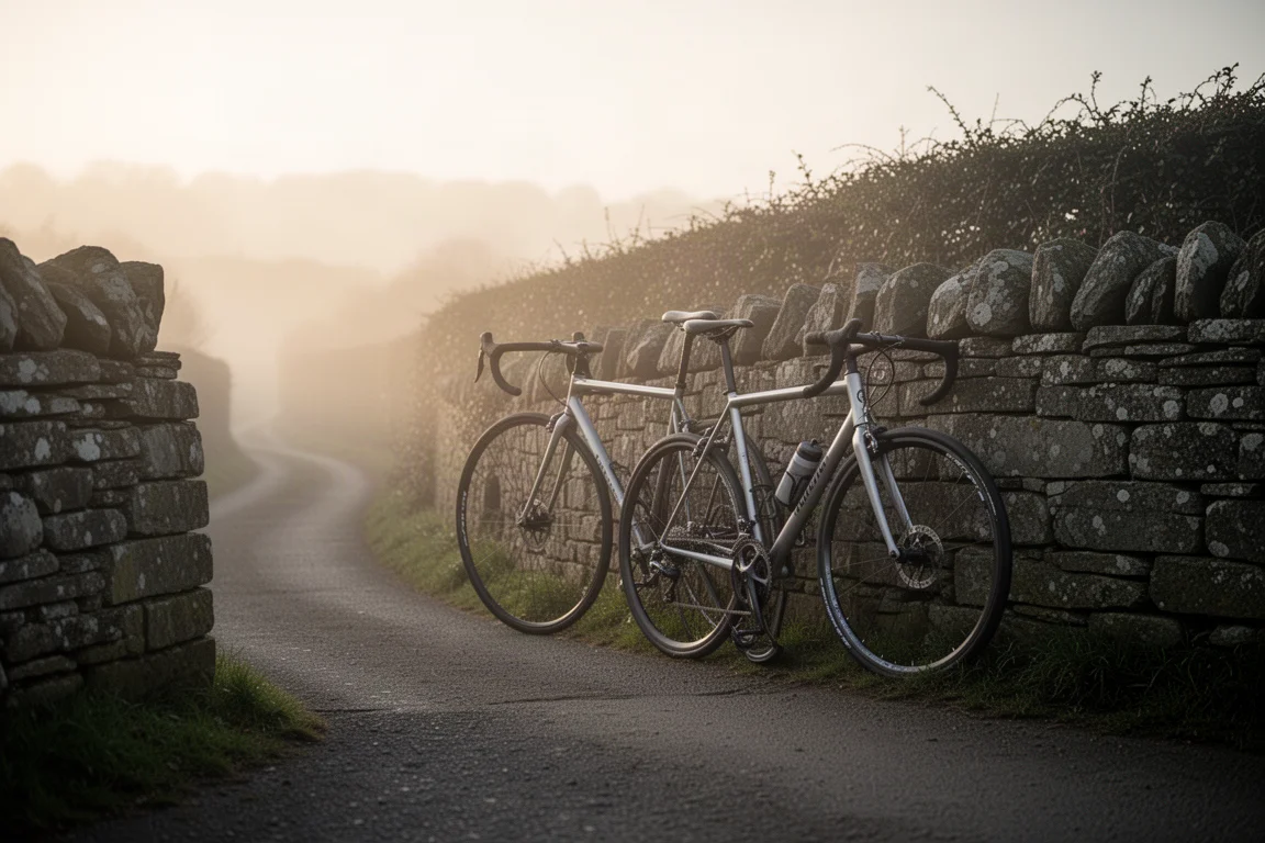 Bici da strada con freni a cerchio appoggiata a un muro in pietra su una strada di campagna all'alba