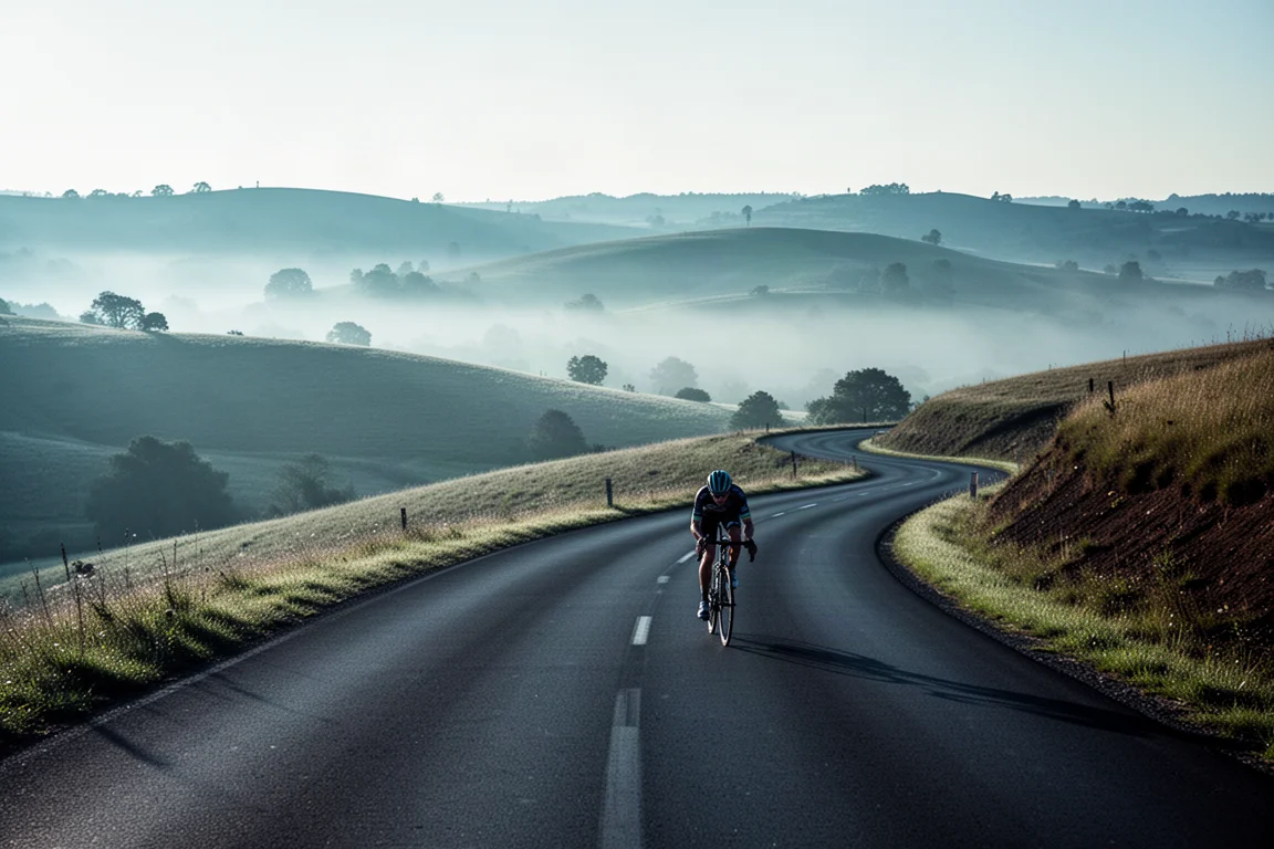 Ciclista su strada in discesa su una strada tortuosa in asfalto nella luce del primo mattino